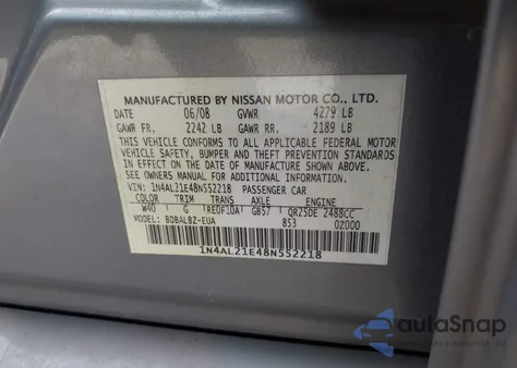 2008 Nissan Altima 2.5 S из США, поврежденный, VIN 1N4AL21E48N552218